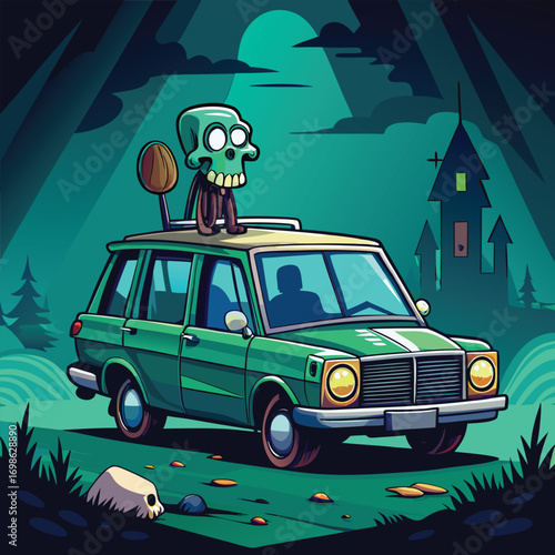 Classic dark green vintage station wagon car illustration with retro styling and a nostalgic automotive theme