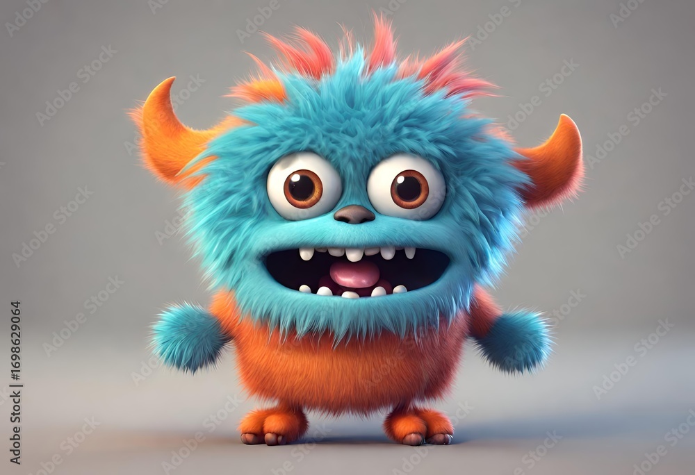 Fototapeta premium Playful Blue and Orange Fuzzy Monster with Cartoon Horns A cheerful blue and orange fluffy monster with small arms, big eyes, and orange horns, smiling brightly.