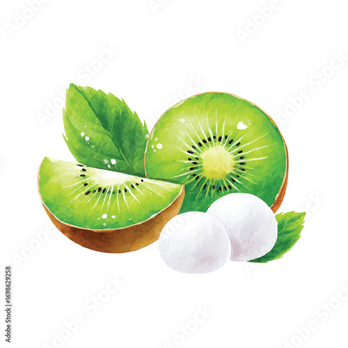 Fresh kiwi fruit and mozzarella cheese balls with green leaves.