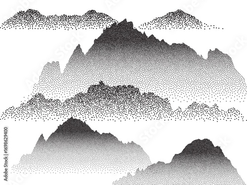 Foto Vintage-style snowy hills with grainy noise, abstract dotted mountain range and pointillist grunge texture overlay