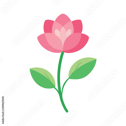 Charming flat cartoon illustration of a small pink flower with vibrant green leaves perfect for nature themed designs and springtime projects