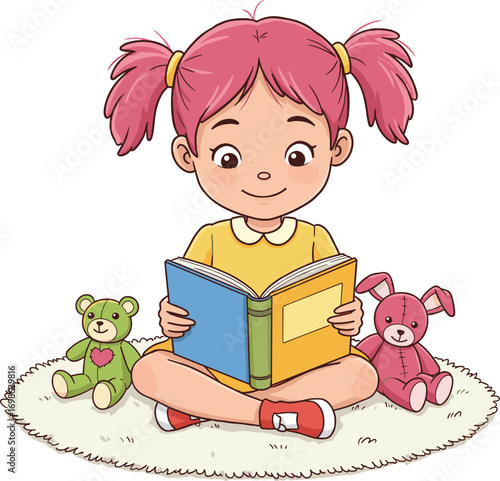 Cute little girl reading book on floor with teddy bear and bunny, cartoon child learning and reading time illustration.