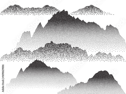 Foto transparent Vintage-style snowy hills with grainy noise, abstract dotted mountain range and pointillist grunge texture overlay