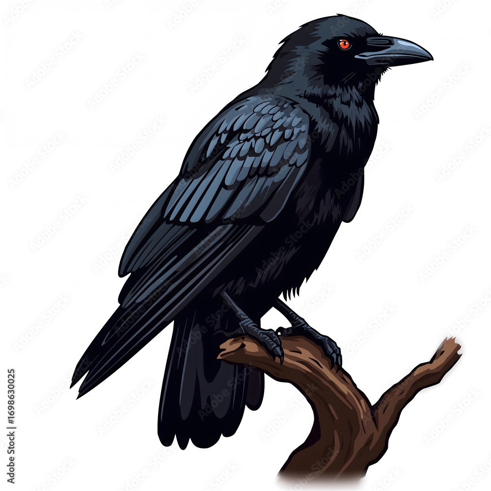 Fototapeta premium Scary raven perched on branch clipart