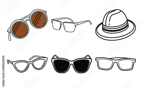Vector art of collection of sunglasses and hat