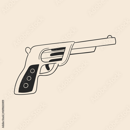 Vector hand drawn line illustration of gun revolver on isolated background. Western, cowboy concept. Vintage sketch outline style