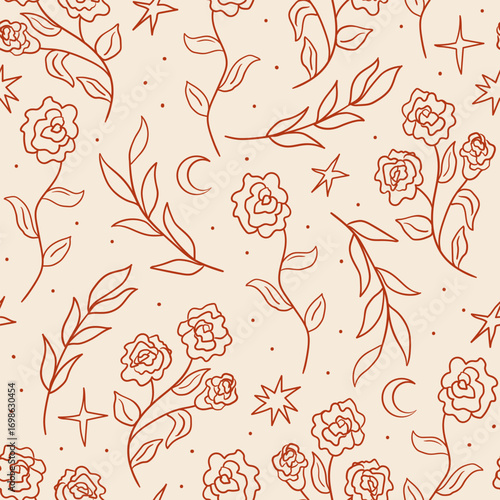 Seamless floral pattern with roses, leaves, stars and moon. Vector mystical boho background in line art style. Decorative botanical design for textile, wallpaper, wrapping paper, etc.
