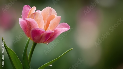 Closeup of pink and peach tulip with water drops