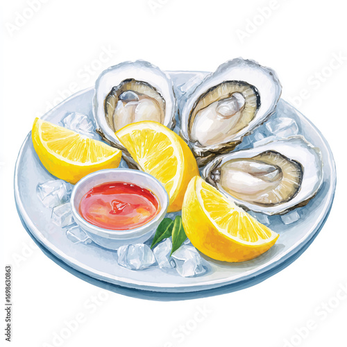 Fresh Oysters on a Plate with Lemon and Sauce.