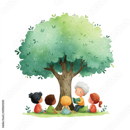 Grandparent reading story to diverse children under a large green tree.