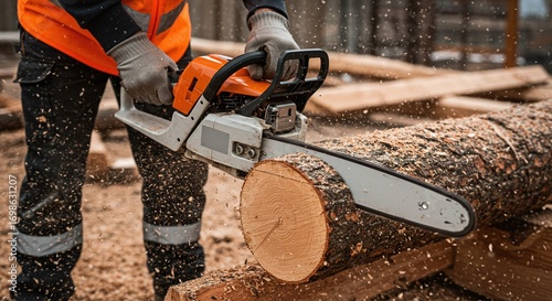 Worker cutting a large log with a chainsaw, with sawdust flying and safety gear visible.Concept of forestry and heavy-duty woodworking.