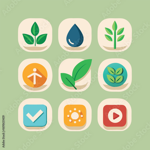 Collection of nine nature and technology icons symbols