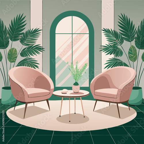 Cozy Mid- Century Modern Living Room with Plants interior