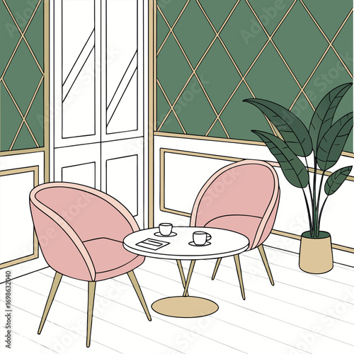 Cozy seating area with pink chairs and coffee table