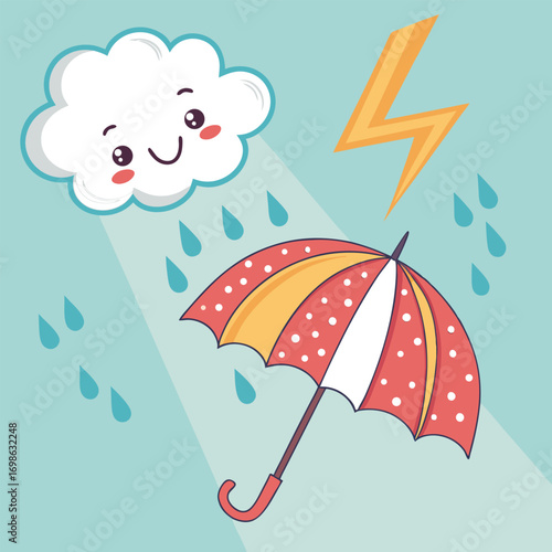 Cute cloud raining on an umbrella with lightning cartoon
