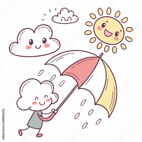 Cute cloud character holding umbrella in rain with sun