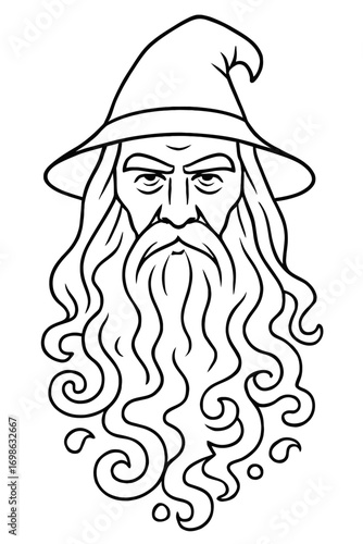 Detailed line art illustration of a wise old wizard's head, complete with a classic pointed hat, an impressively long flowing curly beard, and matching wavy hair, embodying ancient magic and fantasy.