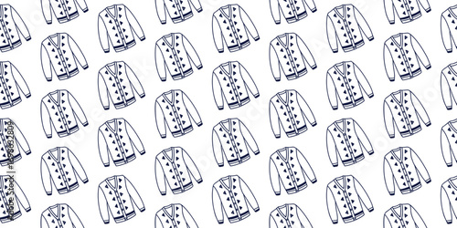 Seamless pattern of buttoned cardigan outline in repeat style. Ideal for textile design, fashion fabric prints, and apparel backgrounds. Perfect for knitwear branding and wear.