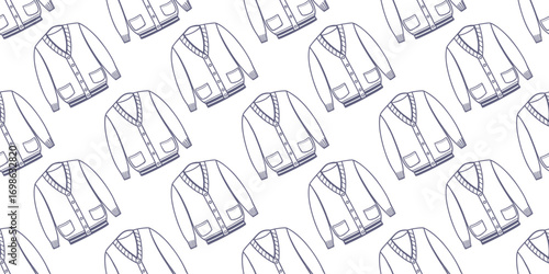 Seamless pattern with cardigan sweater outline in repeat design. Ideal for textile, wallpaper, and wrapping paper. Perfect for fashion, fabric, and clothing branding projects.