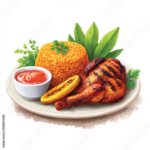 Grilled chicken rice plantain and sauce a flavorful and complete meal on a plate.