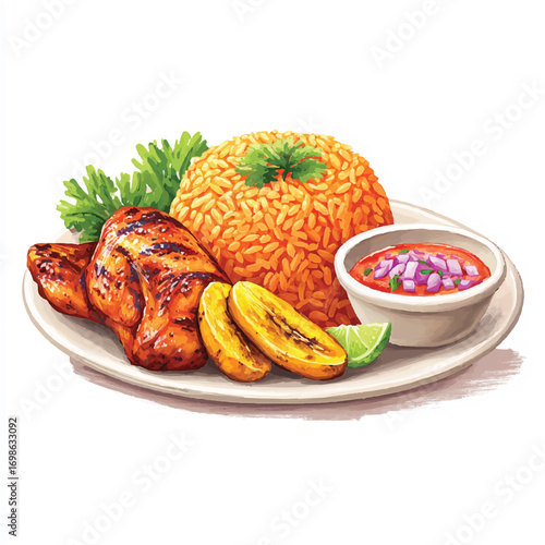 Grilled chicken rice plantains and salsa on a plate.