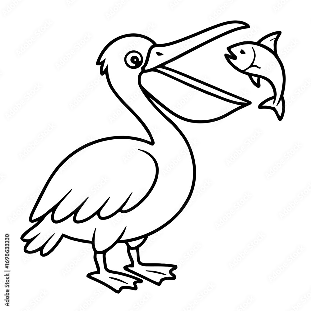 Fototapeta premium Pelican with fish coloring page, simple line art, black and white outline, cartoon style, for kids and adults, majestic bird catching fish, showing large beak and fish prey, an engaging marine wildlif