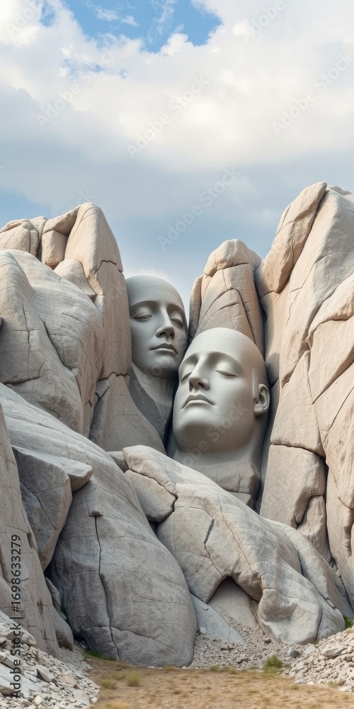 Fototapeta premium Majestic granite sculptures of american presidents carved into a mountain under a cloudy sky
