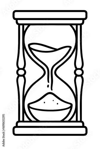 Elegant outline illustration of a classic hourglass, capturing the timeless essence of passing moments with sand flowing between two bulbs, perfect for conveying time, history, and ancient measurement