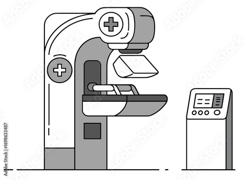 Mammography machine illustration in black and white on white background