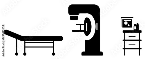 Mammogram screening room equipment icons in black on white background