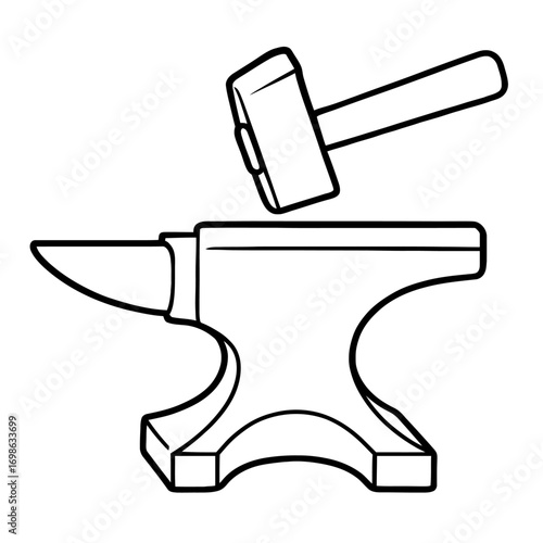 Outline vector illustration of a classic blacksmith's anvil with a heavy forging hammer poised above, powerfully symbolizing traditional metalworking, crafting, and the timeless art of shaping raw met