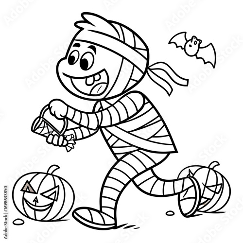 Goofy mummy with unraveling bandages chasing candy, smiling pumpkins around, Halloween coloring page vector