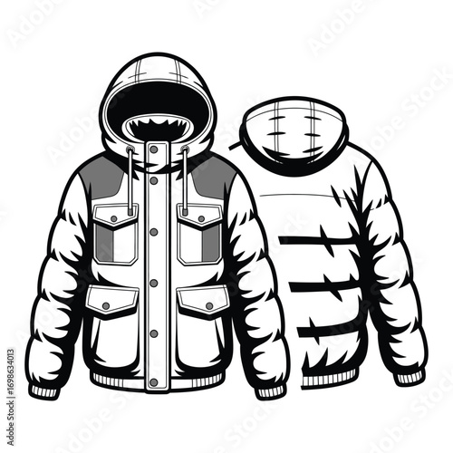 Stylish unisex padded puffer jacket flat sketch technical cad drawing featuring detachable hood multiple pockets warm winter outerwear essential fashion design