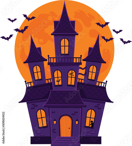 Purple haunted house with glowing orange windows, full moon background, flying bats, spooky Halloween decoration, eerie gothic mansion silhouette