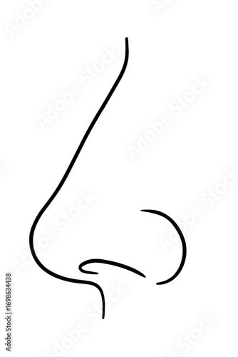 Minimalist black line art illustration of a human nose in elegant profile view. This simple, clean vector drawing captures the essence of human facial anatomy, ideal for medical, beauty, health, educa