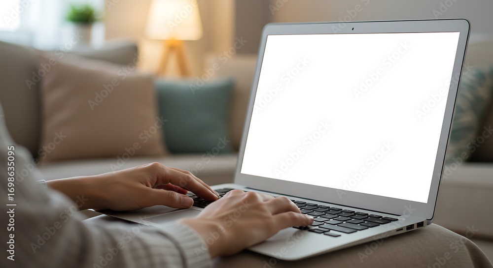 Fototapeta premium Hands typing on laptop with blank white screen, person working or studying from home office.