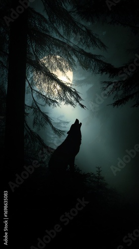 Mystical wolf silhouette howling under a luminous moon in a tranquil nocturnal forest scene