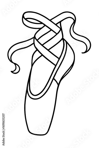 Elegant Ballet Pointe Shoe Line Art Drawing with Graceful Ribbons Artfully Wrapped Around Ankle, Perfect for Dance Enthusiasts, Artists, and Performers, a Classic Symbol of Classical Ballet and Artist