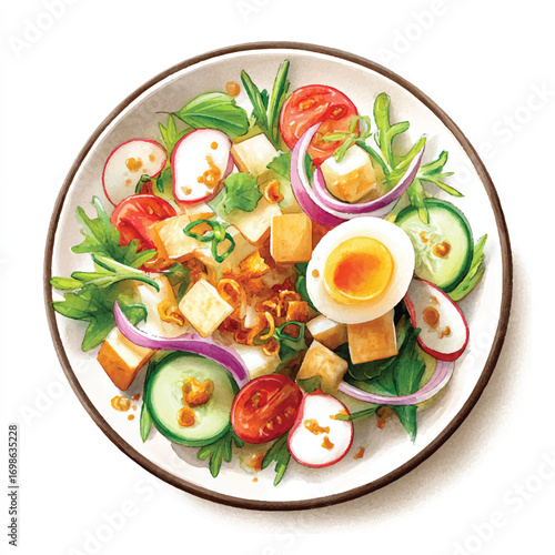 Fresh vegetable salad with cheese and egg.