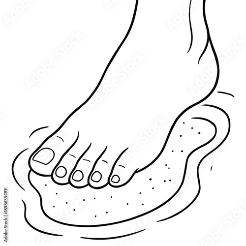 Detailed line art illustration capturing a human foot, specifically the sole and toes, actively pressing down onto a textured, abrasive foot care tool, perfect for showcasing themes of hygiene, pedicu