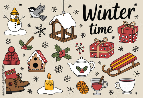 Christmas and New Year Hand-Drawn Vector Set with Snowman, Sleigh, Mulled Wine, Titmouse Bird, Festive Gingerbread House, and Bird Feeder. Holiday Illustration for Seasonal Design Use