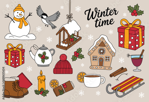 Christmas and New Year Hand-Drawn Vector Set with Snowman, Sleigh, Mulled Wine, Titmouse Bird, Festive Gingerbread House, and Bird Feeder. Holiday Illustration for Seasonal Design Use