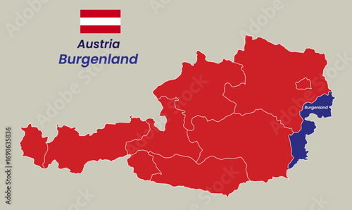 Map of Austria, Map of Austria states Vector Illustration, Burgenland, Carinthia, Lower Austria, Upper Austria, Salzburg, Styria, Tyrol (Tirol), Vorarlberg, Vienna.

