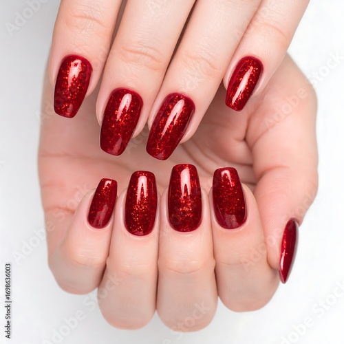 Close-up of manicured hands with long, red, glittery nails