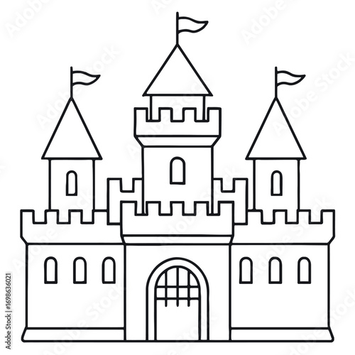Outline illustration of a classic medieval castle with multiple towers, flags, battlements, and a main gate. Ideal for coloring pages, historical themes, fairy tales, children's books, education, and 