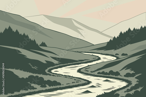 Serene mountain valley with winding river and pine trees