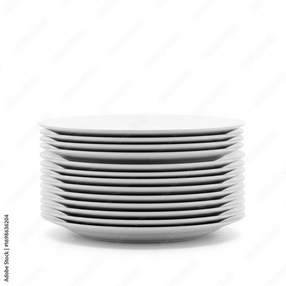 Obraz premium A pristine stack of clean white dinner plates, neatly piled on a surface, perfect for culinary presentations and showcasing simplicity and order in tableware and serving supplies .