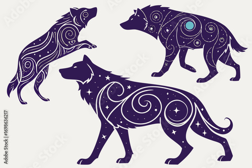 Three mystical wolves adorned with celestial patterns and stars