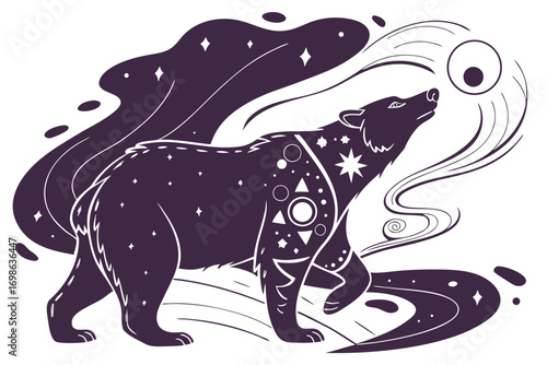 Mystical bear silhouette with celestial patterns and cosmic swirls