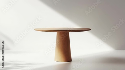 Wooden circular table with layered design against white backdrop shadow effect and natural daylight creating minimalist modern ambiance.